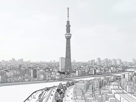 Moderner Architektur-Render zeigt Silhouette von Tokyo Skytree in Tokio Japan, klare Linien und neutrales Tageslicht - Foto: THN