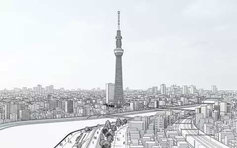 Moderner Architektur-Render zeigt Silhouette von Tokyo Skytree in Tokio Japan, klare Linien und neutrales Tageslicht - Foto: THN