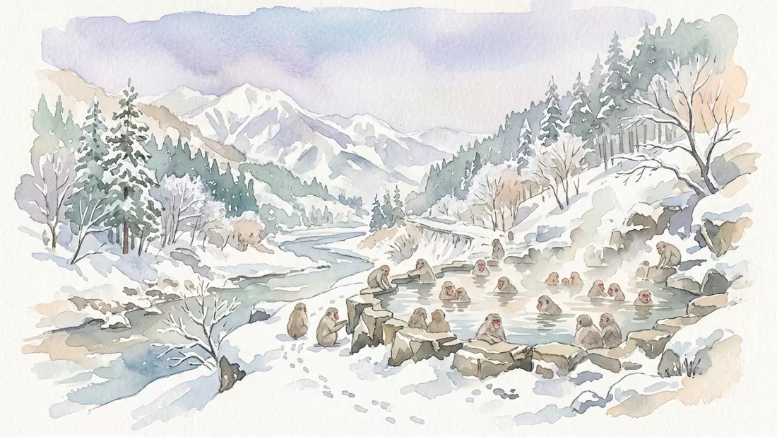 Aquarell-Illustration von Jigokudani-Affenpark in Yamanouchi, Japan als Reiseposter