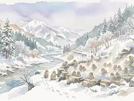 Aquarellillustration des Wahrzeichens Jigokudani-Affenpark in Yamanouchi Japan, weiche Farbverläufe und pastelliges Reiseposter-Feeling - Foto: THN