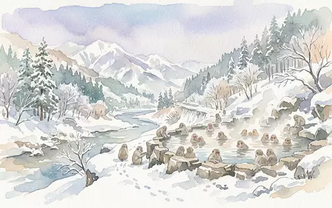Aquarellillustration des Wahrzeichens Jigokudani-Affenpark in Yamanouchi Japan, weiche Farbverläufe und pastelliges Reiseposter-Feeling - Foto: THN