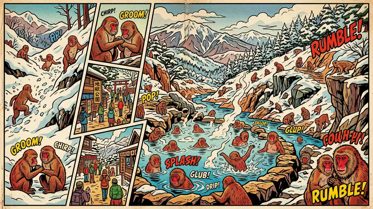 Pop-Art-Comic von Jigokudani-Affenpark in Yamanouchi, Japan mit Rasterpunkten