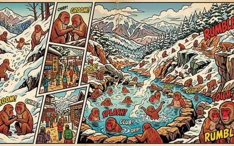 Pop-Art-Comicillustration des Wahrzeichens Jigokudani-Affenpark in Yamanouchi Japan, kraeftige Konturen Rasterpunkte und satte Farben - Foto: THN