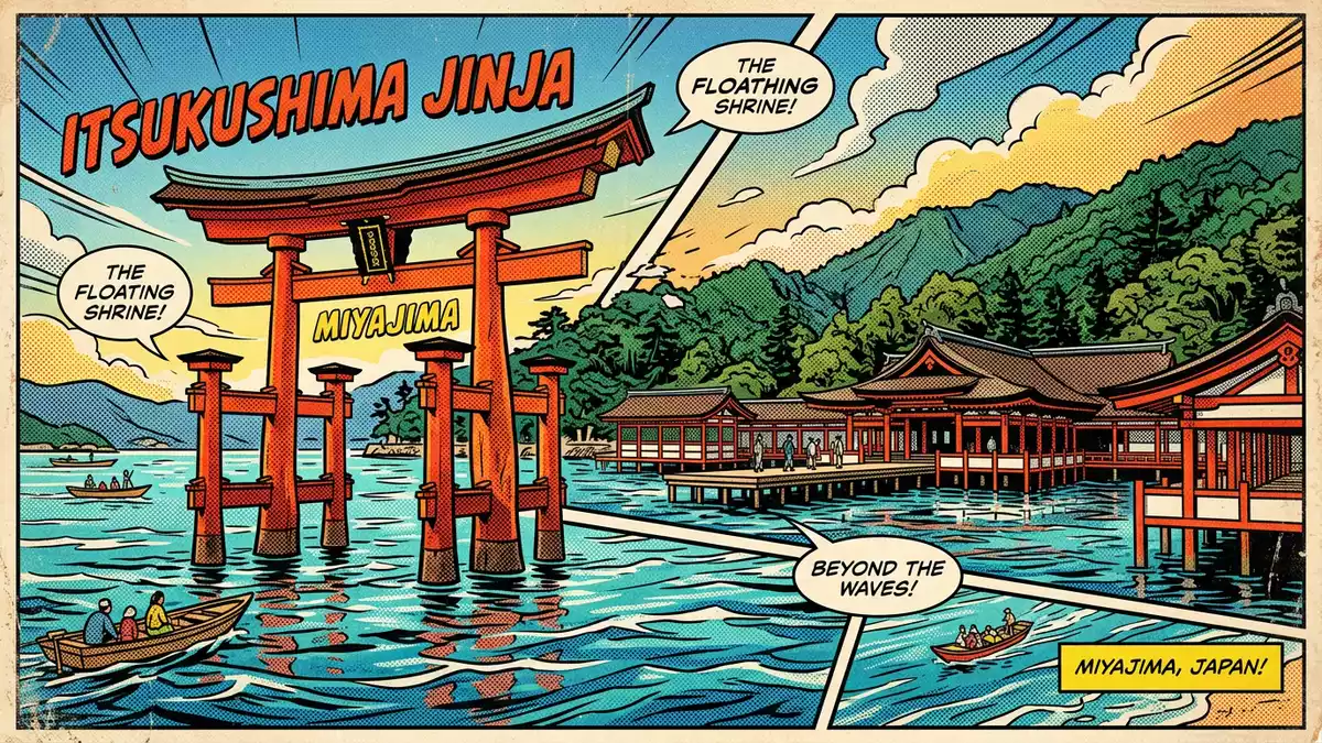 Pop-Art-Comic von Itsukushima-Schrein Miyajima in Miyajima, Japan mit Rasterpunkten