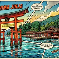 Pop-Art-Comicillustration des Wahrzeichens Itsukushima-Schrein Miyajima in Miyajima Japan, kraeftige Konturen Rasterpunkte und satte Farben - Foto: THN
