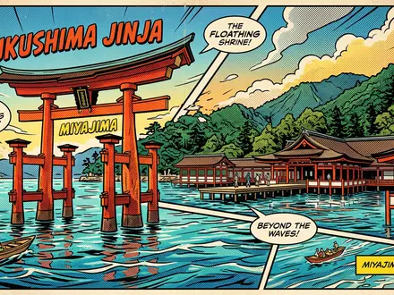 Pop-Art-Comicillustration des Wahrzeichens Itsukushima-Schrein Miyajima in Miyajima Japan, kraeftige Konturen Rasterpunkte und satte Farben - Foto: THN