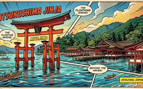 Pop-Art-Comicillustration des Wahrzeichens Itsukushima-Schrein Miyajima in Miyajima Japan, kraeftige Konturen Rasterpunkte und satte Farben - Foto: THN