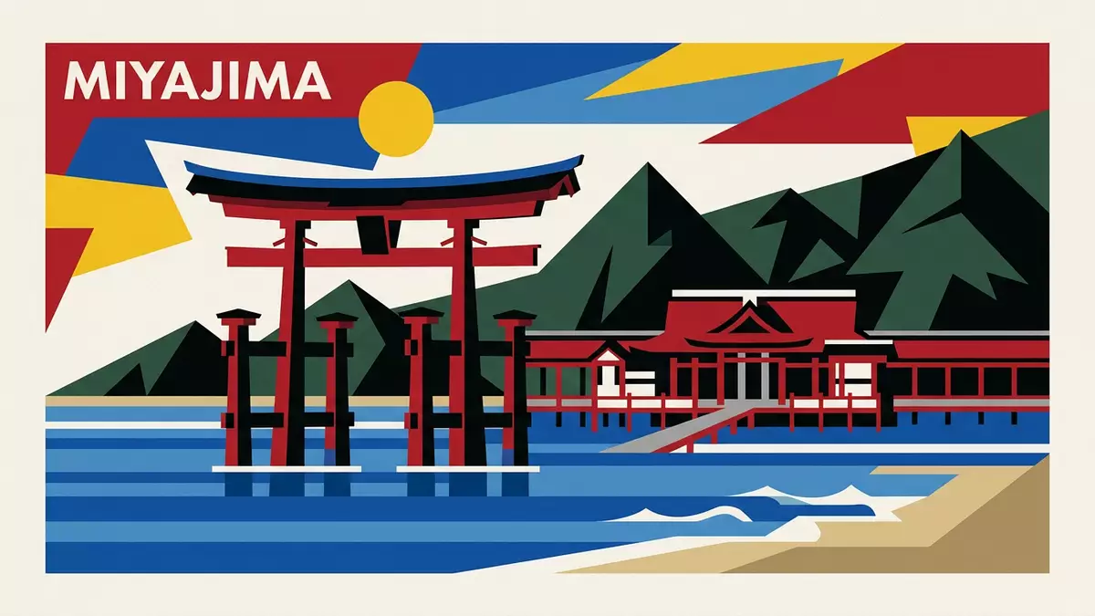 Bauhaus-Poster als Abstraktion von Itsukushima-Schrein Miyajima in Miyajima, Japan