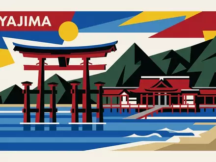 Bauhaus-Poster als geometrische Abstraktion von Itsukushima-Schrein Miyajima in Miyajima Japan, kraeftige Grundfarben und harte Formkanten - Foto: THN
