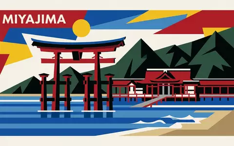 Bauhaus-Poster als geometrische Abstraktion von Itsukushima-Schrein Miyajima in Miyajima Japan, kraeftige Grundfarben und harte Formkanten - Foto: THN