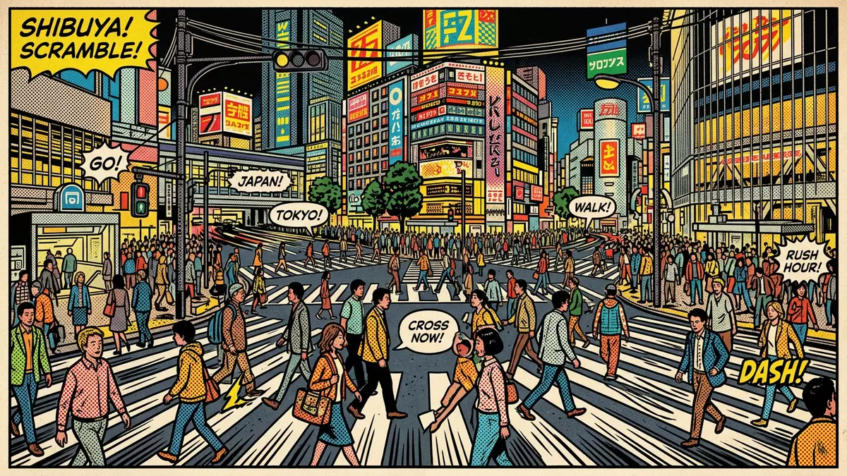 Pop-Art-Comic von Shibuya Crossing Tokio in Tokio, Japan mit Rasterpunkten