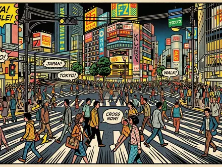 Pop-Art-Comicillustration des Wahrzeichens Shibuya Crossing Tokio in Tokio Japan, kraeftige Konturen Rasterpunkte und satte Farben - Foto: THN