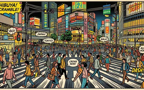 Pop-Art-Comicillustration des Wahrzeichens Shibuya Crossing Tokio in Tokio Japan, kraeftige Konturen Rasterpunkte und satte Farben - Foto: THN