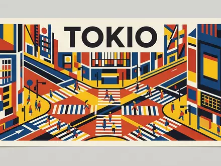 Bauhaus-Poster als geometrische Abstraktion von Shibuya Crossing Tokio in Tokio Japan, kraeftige Grundfarben und harte - Foto: THN