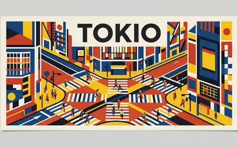 Bauhaus-Poster als geometrische Abstraktion von Shibuya Crossing Tokio in Tokio Japan, kraeftige Grundfarben und harte - Foto: THN