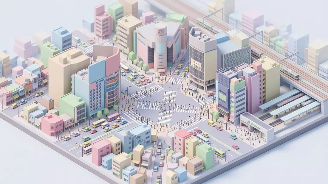 Isometrisches Diorama von Shibuya Crossing Tokio in Tokio, Japan in Pastell