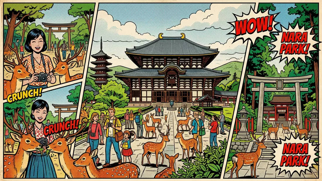 Pop-Art-Comic von Nara-Park in Nara, Japan mit Rasterpunkten