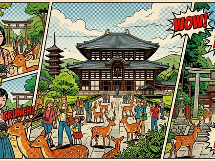 Pop-Art-Comicillustration des Wahrzeichens Nara-Park in Nara Japan, kraeftige Konturen Rasterpunkte und satte Farben - Foto: THN