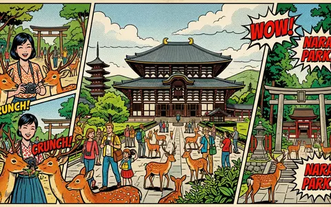 Pop-Art-Comicillustration des Wahrzeichens Nara-Park in Nara Japan, kraeftige Konturen Rasterpunkte und satte Farben - Foto: THN