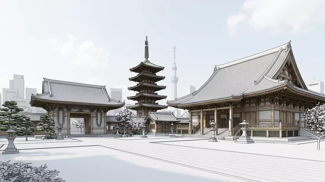Architektur-Render von Senso-ji-Tempel Tokio in Tokio, Japan bei Tageslicht