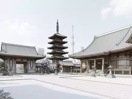 Moderner Architektur-Render zeigt Silhouette von Senso-ji-Tempel Tokio in Tokio Japan, klare Linien und neutrales Tageslicht - Foto: THN