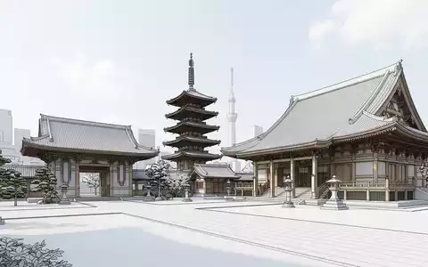 Moderner Architektur-Render zeigt Silhouette von Senso-ji-Tempel Tokio in Tokio Japan, klare Linien und neutrales Tageslicht - Foto: THN