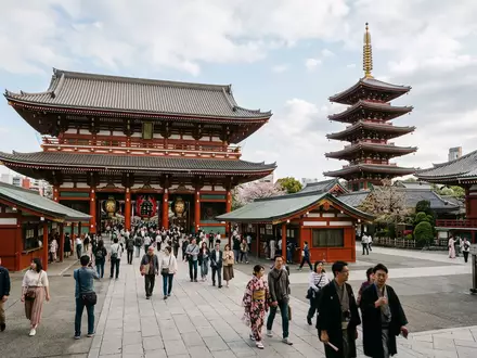 Editorialbild im Reisemagazin-Stil vom Wahrzeichen Senso-ji-Tempel Tokio in Tokio Japan, ausgewogene Bildgestaltung und natuerliches Umgebungslicht - Foto: THN