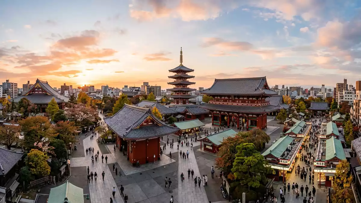 Fotorealistische Ansicht von Senso-ji-Tempel Tokio in Tokio, Japan im Abendlicht