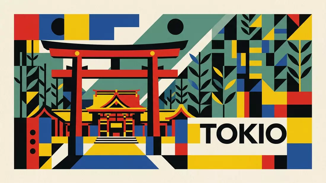 Bauhaus-Poster als Abstraktion von Meiji-Schrein Tokio in Tokio, Japan