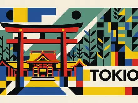 Bauhaus-Poster als geometrische Abstraktion von Meiji-Schrein Tokio in Tokio Japan, kraeftige Grundfarben und harte Formkanten - Foto: THN