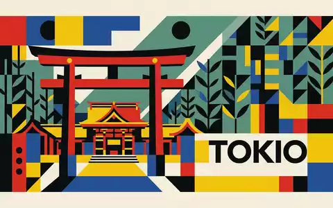 Bauhaus-Poster als geometrische Abstraktion von Meiji-Schrein Tokio in Tokio Japan, kraeftige Grundfarben und harte Formkanten - Foto: THN