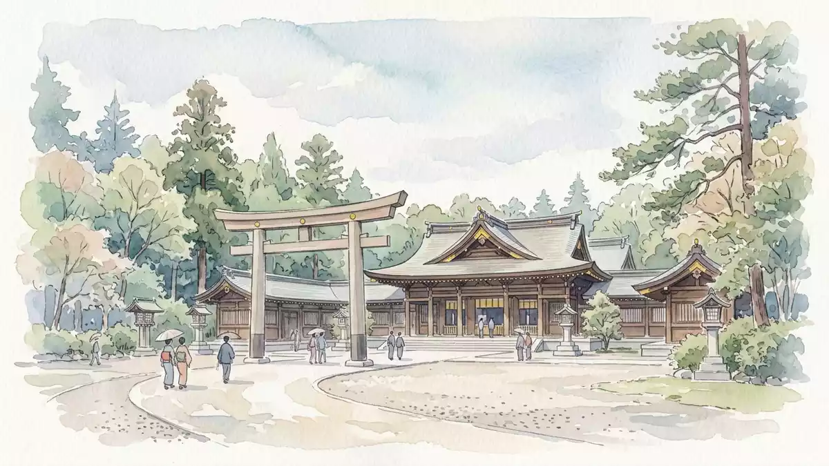 Aquarell-Illustration von Meiji-Schrein Tokio in Tokio, Japan als Reiseposter