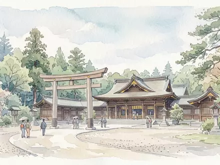 Aquarellillustration des Wahrzeichens Meiji-Schrein Tokio in Tokio Japan, weiche Farbverläufe und pastelliges Reiseposter-Feeling - Foto: THN
