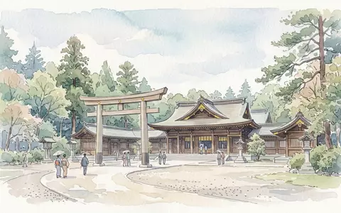 Aquarellillustration des Wahrzeichens Meiji-Schrein Tokio in Tokio Japan, weiche Farbverläufe und pastelliges Reiseposter-Feeling - Foto: THN