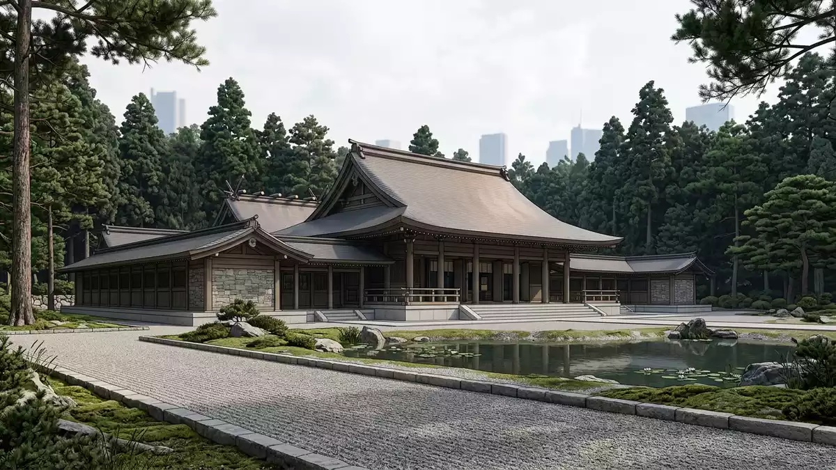 Architektur-Render von Meiji-Schrein Tokio in Tokio, Japan bei Tageslicht