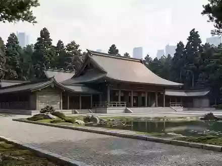 Moderner Architektur-Render zeigt Silhouette von Meiji-Schrein Tokio in Tokio Japan, klare Linien und neutrales Tageslicht - Foto: THN