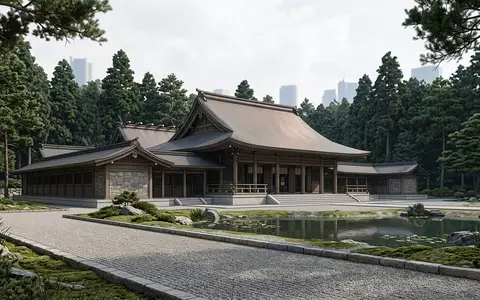 Moderner Architektur-Render zeigt Silhouette von Meiji-Schrein Tokio in Tokio Japan, klare Linien und neutrales Tageslicht - Foto: THN