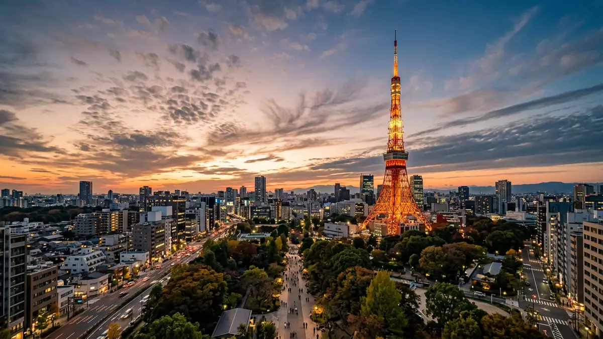 Fotorealistische Ansicht von Tokyo Tower in Tokio, Japan im Abendlicht