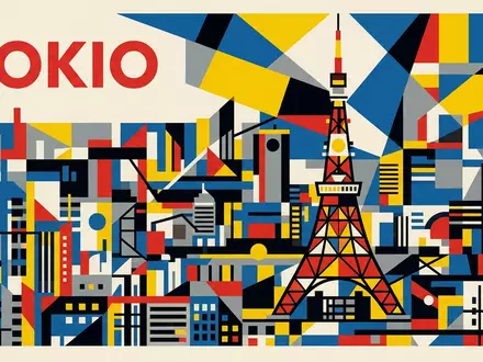 Bauhaus-Poster als geometrische Abstraktion von Tokyo Tower in Tokio Japan, kraeftige Grundfarben und harte Formkanten - Foto: THN