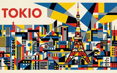 Bauhaus-Poster als geometrische Abstraktion von Tokyo Tower in Tokio Japan, kraeftige Grundfarben und harte Formkanten - Foto: THN