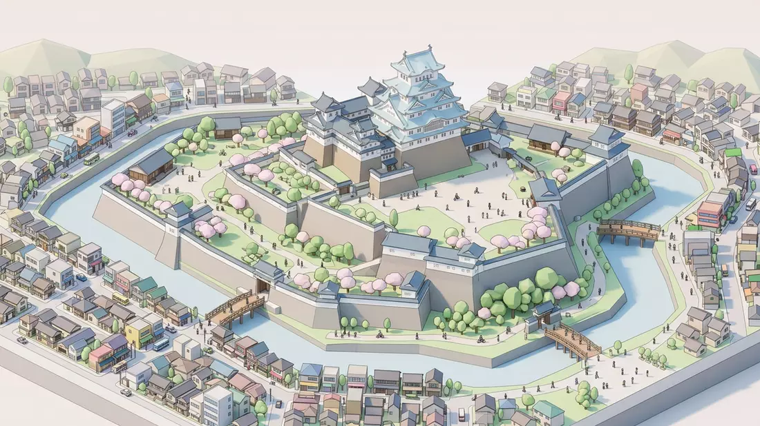 Isometrisches Diorama von Burg Himeji in Himeji, Japan in Pastell