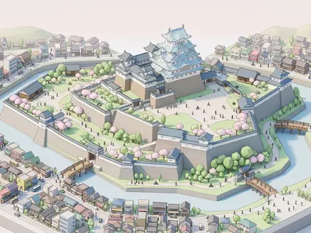 Isometrisches Diorama von Burg Himeji und Umgebung in Himeji Japan, verspielte Low-Poly-Kulisse in Pastellfarben - Foto: THN