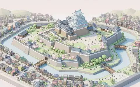 Isometrisches Diorama von Burg Himeji und Umgebung in Himeji Japan, verspielte Low-Poly-Kulisse in Pastellfarben - Foto: THN