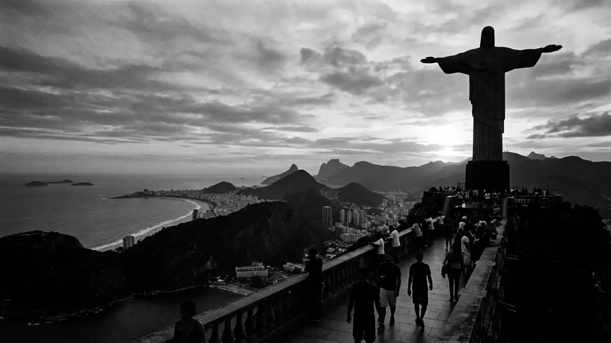 Schwarzweiss-Reportage vom Wahrzeichen Christusstatue Rio de Janeiro in Rio de Janeiro, Bras…