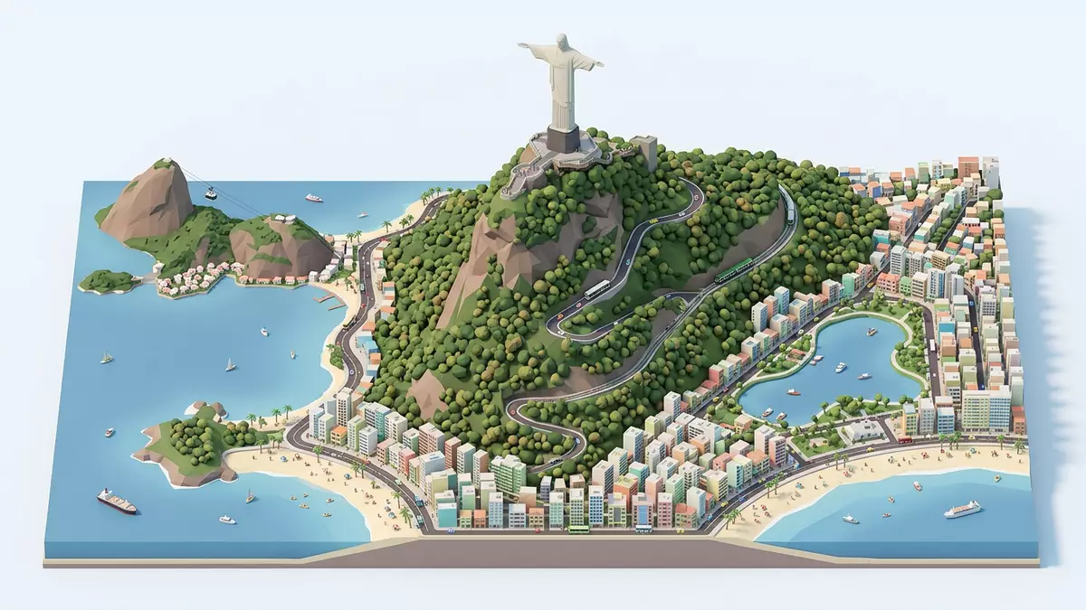 Isometrisches Diorama von Christusstatue Rio de Janeiro in Rio de Janeiro, Brasilien in Pastell