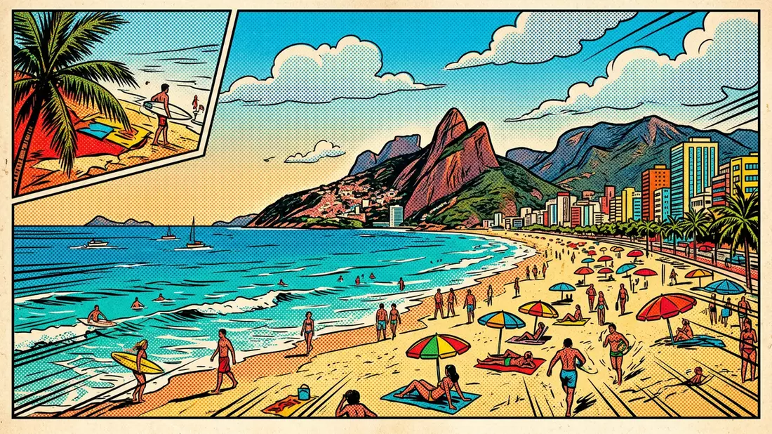 Pop-Art-Comic von Ipanema-Strand in Rio de Janeiro, Brasilien mit Rasterpunkten