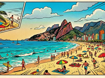 Pop-Art-Comicillustration des Wahrzeichens Ipanema-Strand in Rio de Janeiro Brasilien, kraeftige Konturen Rasterpunkte und satte Farben - Foto: THN