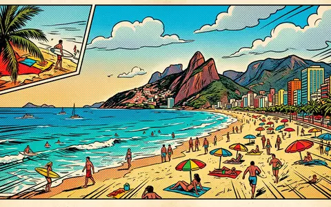 Pop-Art-Comicillustration des Wahrzeichens Ipanema-Strand in Rio de Janeiro Brasilien, kraeftige Konturen Rasterpunkte und satte Farben - Foto: THN