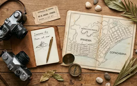 Flatlay-Reise-Arrangement rund um Ipanema-Strand in Rio de Janeiro Brasilien, Karte Kompass Kamera und generische Reiserequisiten - Foto: THN