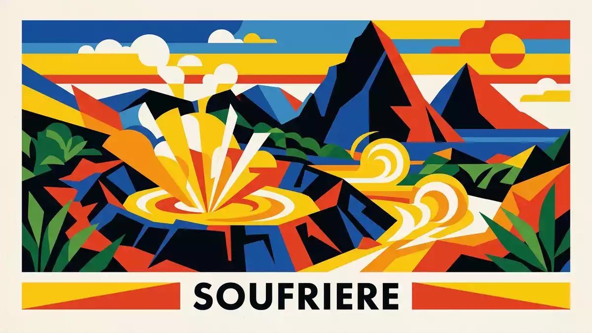 Bauhaus-Poster als Abstraktion von Sulphur Springs St. Lucia in Soufriere, St. Lucia